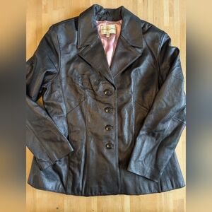 Wilsons Leather Notch Collar Black Leather Jacket Size XL with Pink Lining